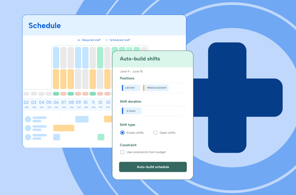 light blue background with prominent dark blue cross on right side and left side overlay with two Humanity schedule screenshots