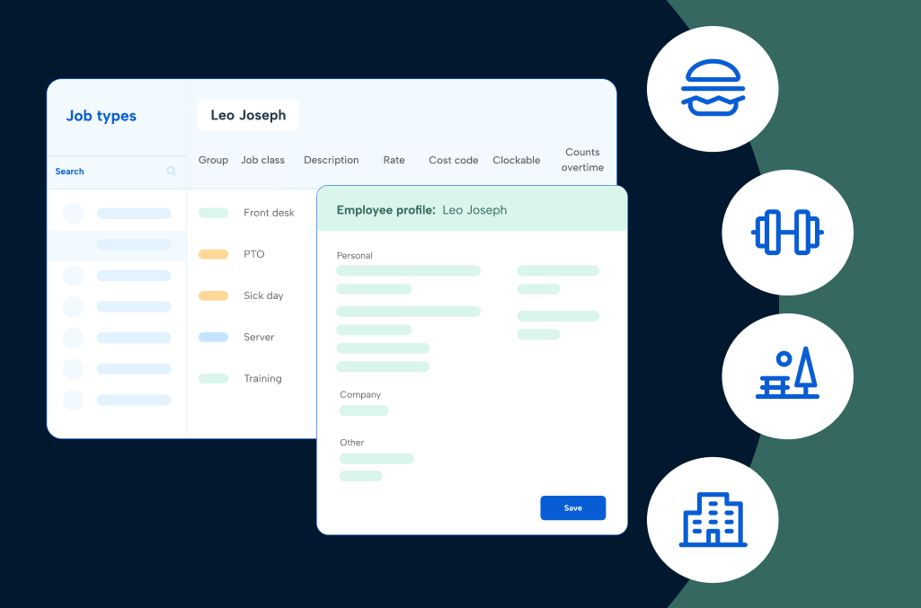 Preview of screenshots from TimeClock Plus relevant to hospitality time tracking software
