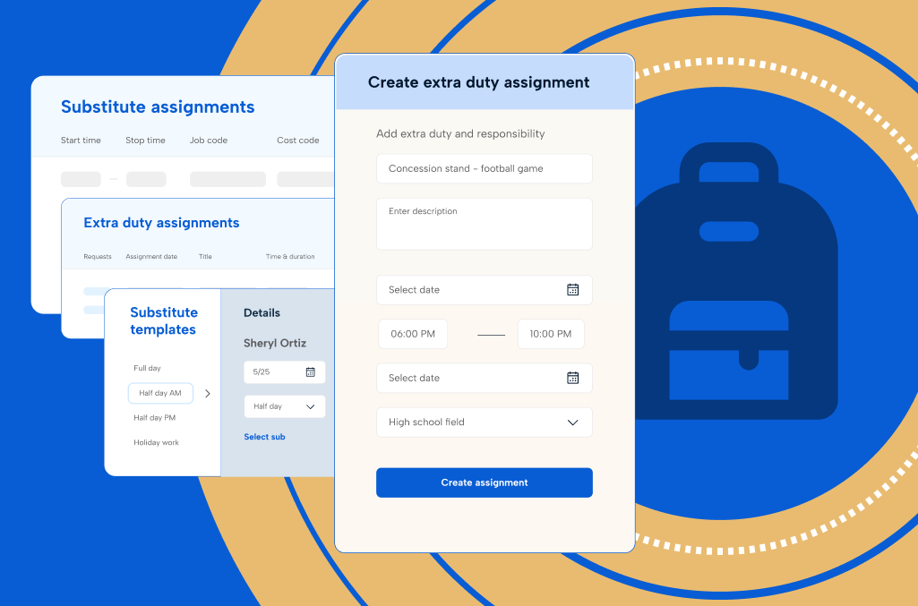 Product snippets of K-12 time tracking software from TimeClock Plus, embedded on a blue background with orange circles and a school backpack icon