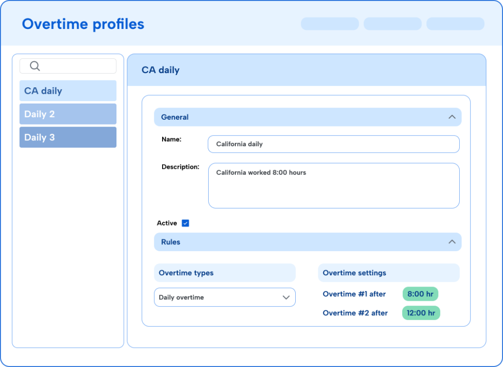 A UI snippet of Overtime profiles in TimeClock Plus showcasing a California specific overtime profile