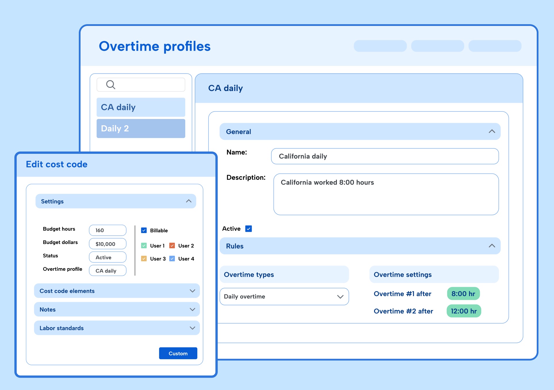 Screenshot of Overtime profiles UI snippets in TimeClock Plus over a light blue background