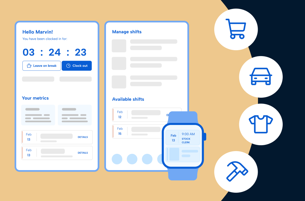 Tan background with overlay screen shots from Humanity Schedule and logo icons for additional retail subverticals