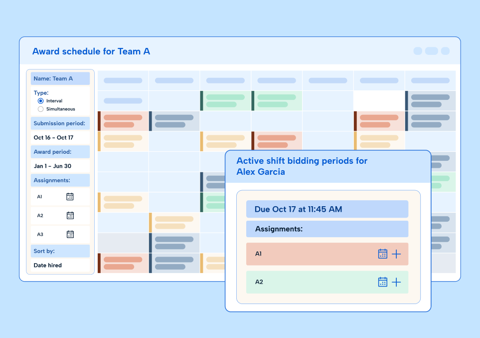 UI snippets of shift bidding in Aladtec by TCP Software