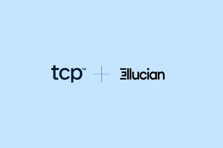 The logos of TCP and Ellucian in dark blue colors, on a light blue background