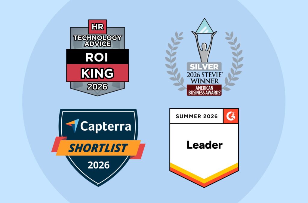 TCP award badges for four companies: HR Technology Advice's ROI King 2026, Silver Stevie 2026 from American Business Awards, Capterra Shortlist 2026, and G2 Leader Summer 2026