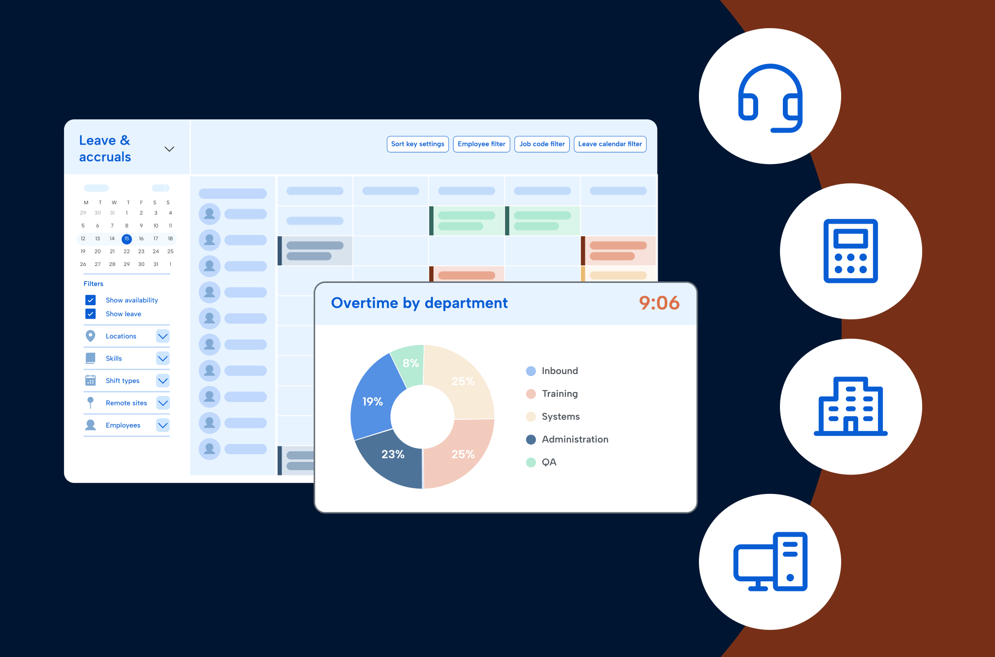 Two software screen shots overlay on the left side and 4 circular icons cascading down the left side featuring business services types