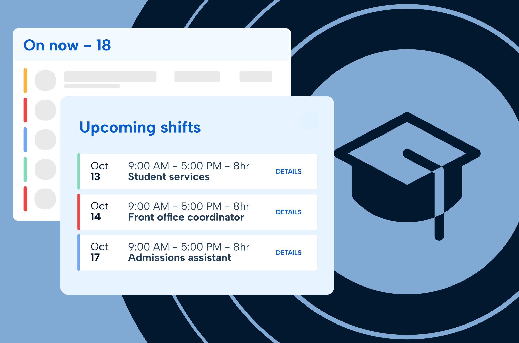 Graduation cap on the right side in alternating light and dark blue with two screen shots from Humanity Schedule on the left