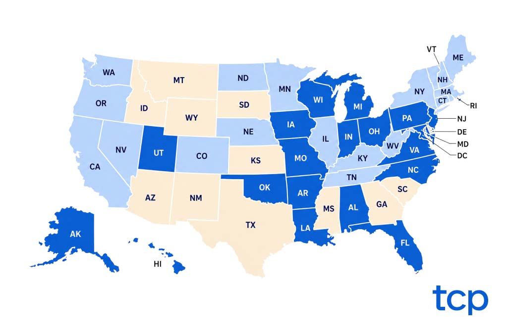 Map of all 50 states for a state labor compliance guide, states in varying blue shades and yellow on white background
