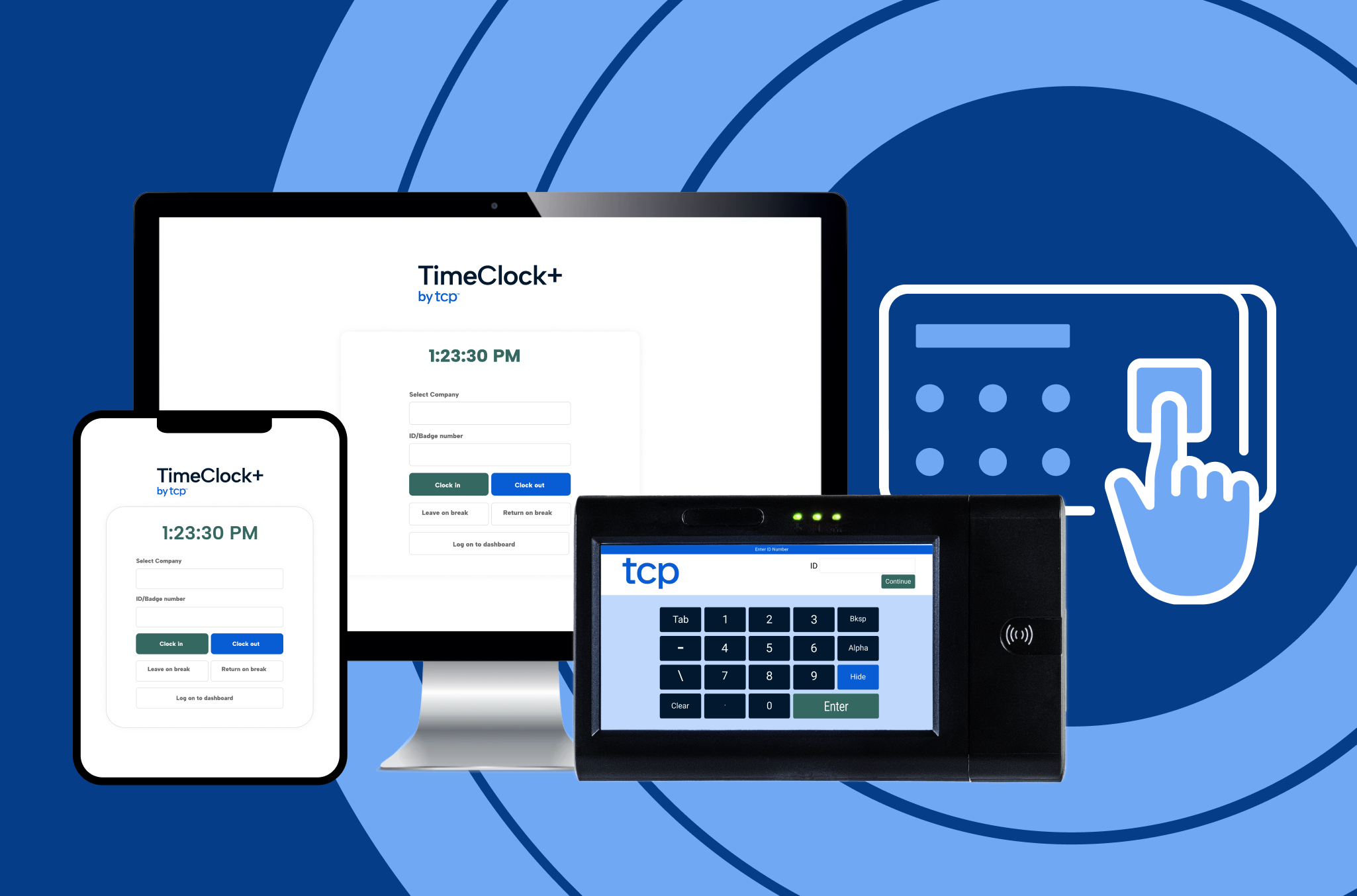 Variety of TCP time clocks, including RDT badge scanner, kiosk, web clocks, on a dark blue background, to signify what's in the time clock hardware buyer's guide